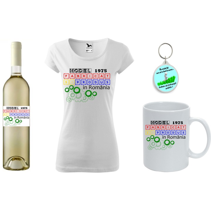 Set aniversar format din 4 piese: sticla vin alb, tricou dama marime XS, cana alba, Model 1975 fabricat si produs in Romania si breloc succes