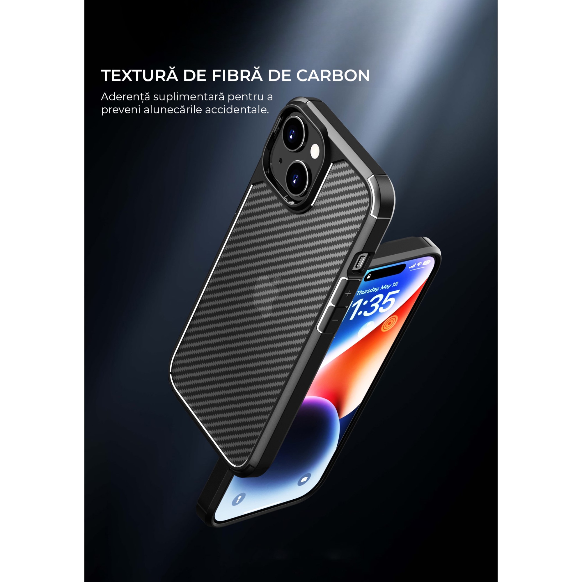 Husa de protectie pentru iPhone 15, Kribo CarbonWave, Premium Fit, Anti-soc, textura carbon, carcasa spate, compatibila cu incarcarea wireless, negru