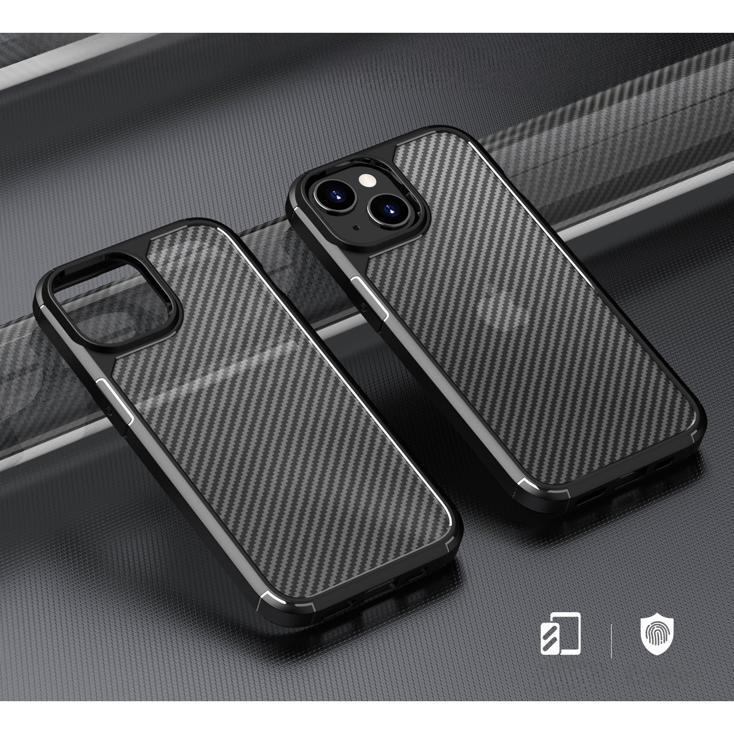 Husa de protectie pentru iPhone 15, Kribo CarbonWave, Premium Fit, Anti-soc, textura carbon, carcasa spate, compatibila cu incarcarea wireless, negru