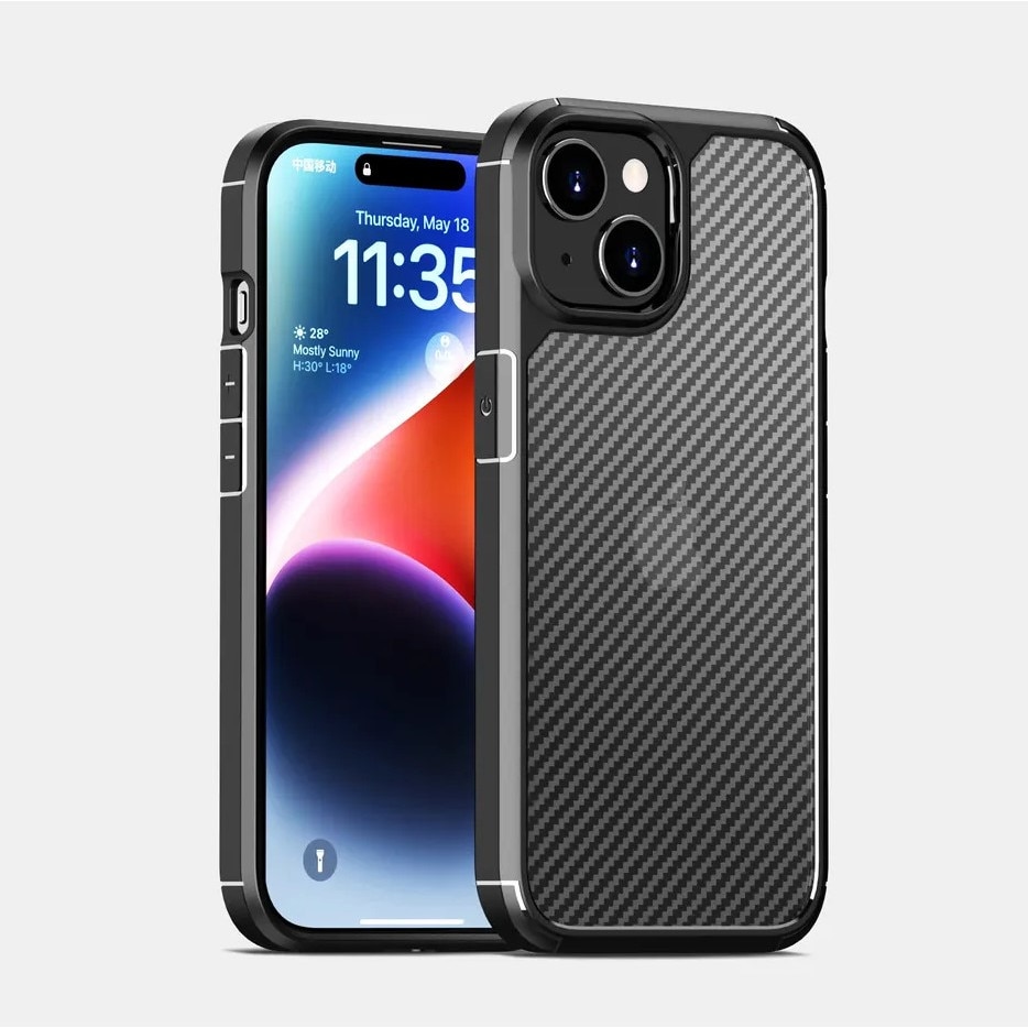 Husa de protectie pentru iPhone 15, Kribo CarbonWave, Premium Fit, Anti-soc, textura carbon, carcasa spate, compatibila cu incarcarea wireless, negru