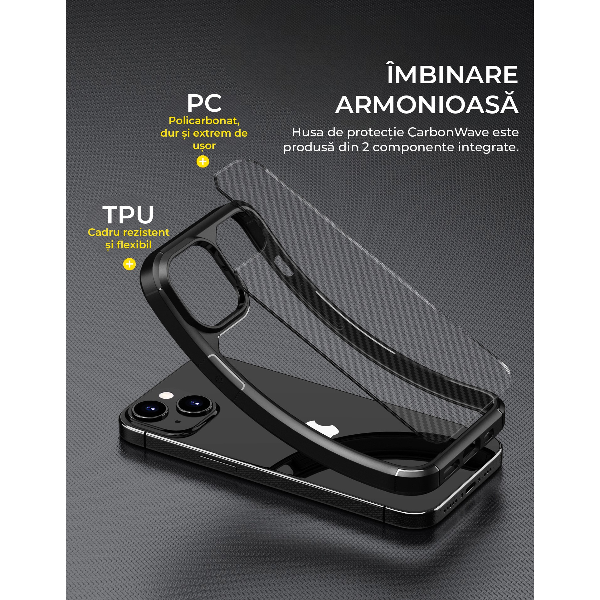 Husa de protectie pentru iPhone 15, Kribo CarbonWave, Premium Fit, Anti-soc, textura carbon, carcasa spate, compatibila cu incarcarea wireless, negru