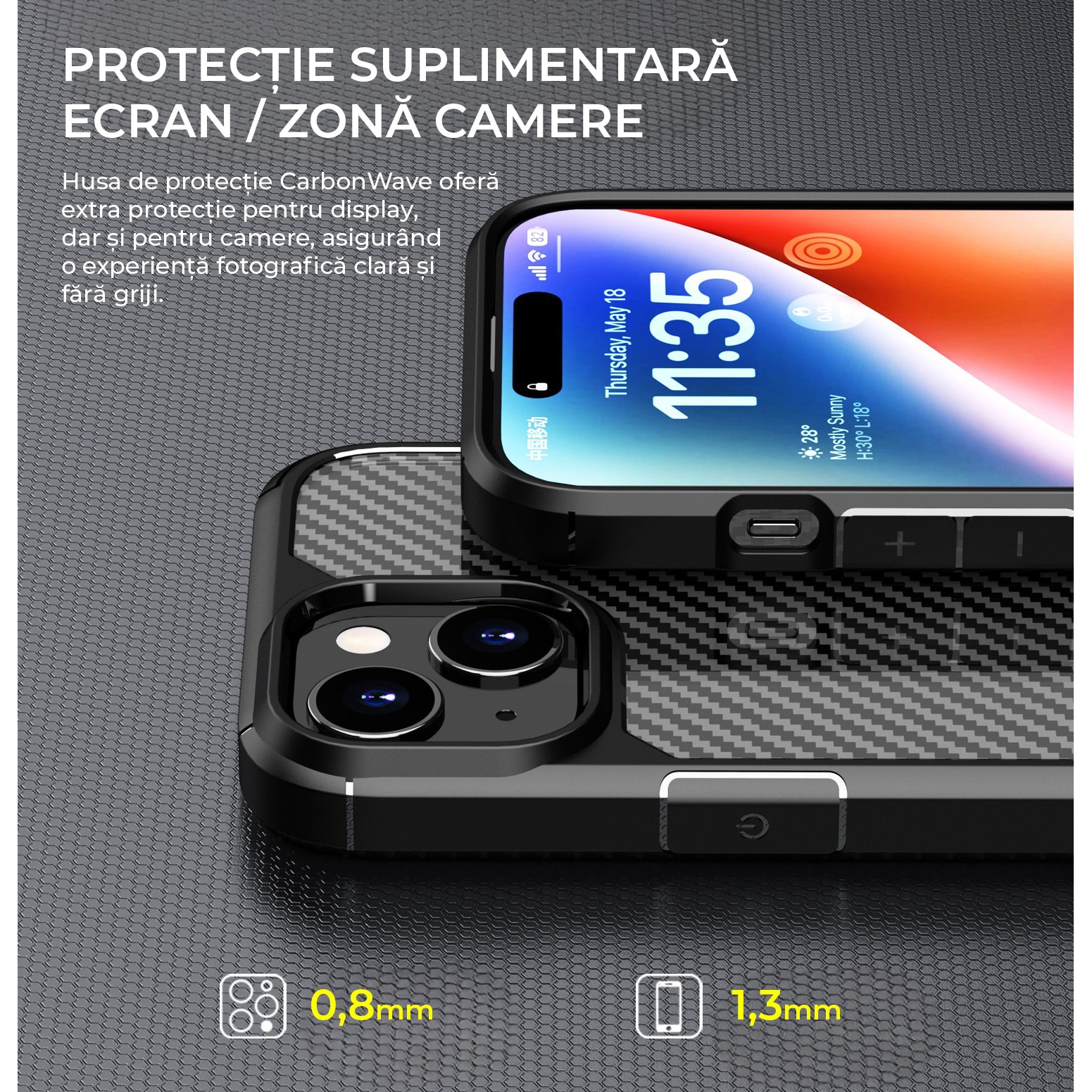 Husa de protectie pentru iPhone 15, Kribo CarbonWave, Premium Fit, Anti-soc, textura carbon, carcasa spate, compatibila cu incarcarea wireless, negru