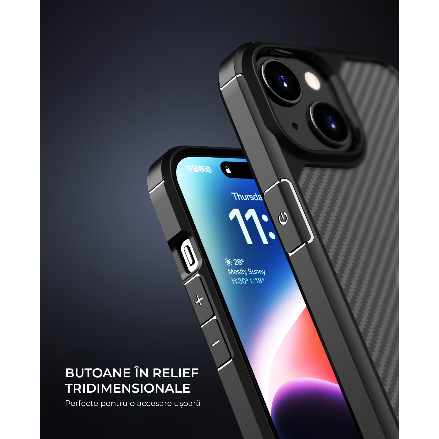 Husa de protectie pentru iPhone 15, Kribo CarbonWave, Premium Fit, Anti-soc, textura carbon, carcasa spate, compatibila cu incarcarea wireless, negru