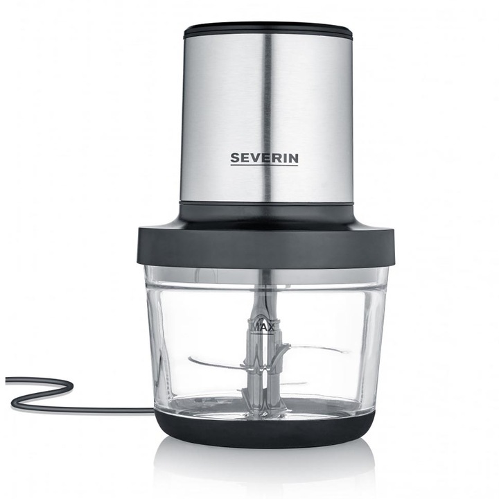 Чопър за храна Severin KM3867, Безжичен, 2 степени на мощност, 1л стъклен съд, Емулгиращ диск, Вложка за белене на чесън, Без BPA, 400W, Inox-Black