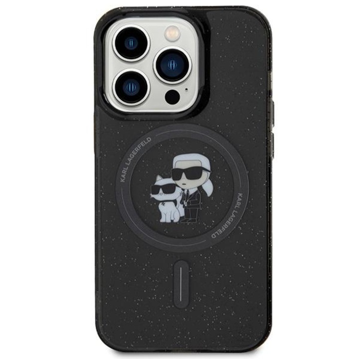 Husa Karl Lagerfeld compatibila cu iPhone 15 Pro, Karl and Choupette Glitter Magsafe, Negru