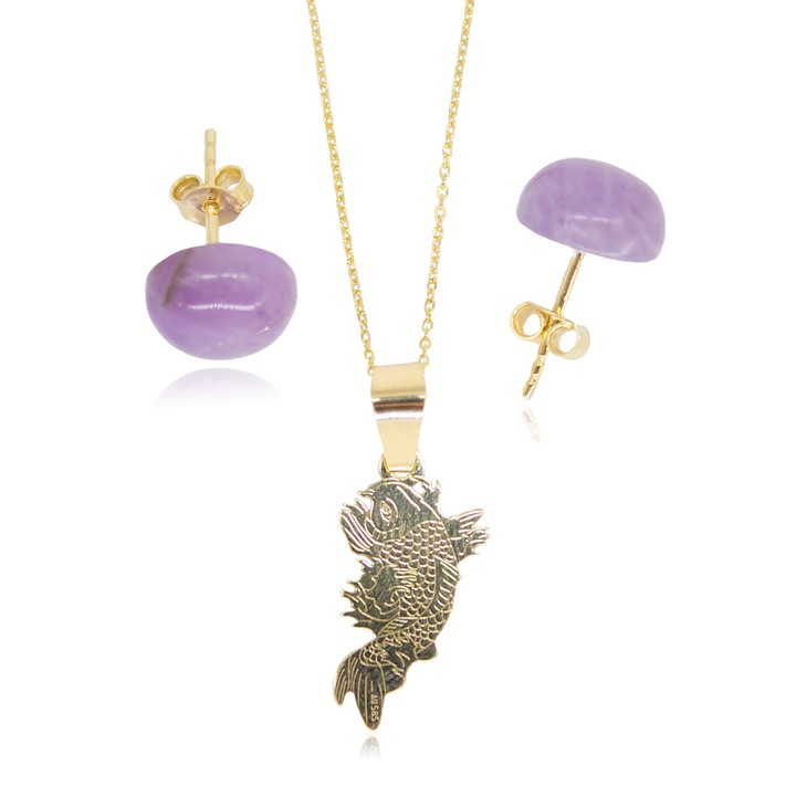 Set Pandantiv Peste Koi si Cercei din Aur 14K cu Ametist