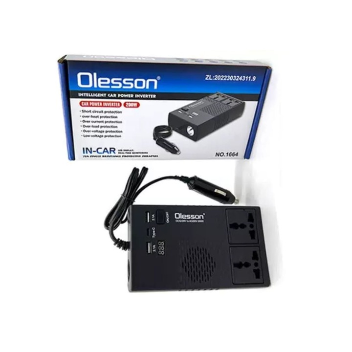 Autóinverter 200W 12/24V DC – 220V AC, 2xUSB/1x USB Type-C, 2xPort 220, LED intelligens kijelző, túlmelegedés elleni védelem