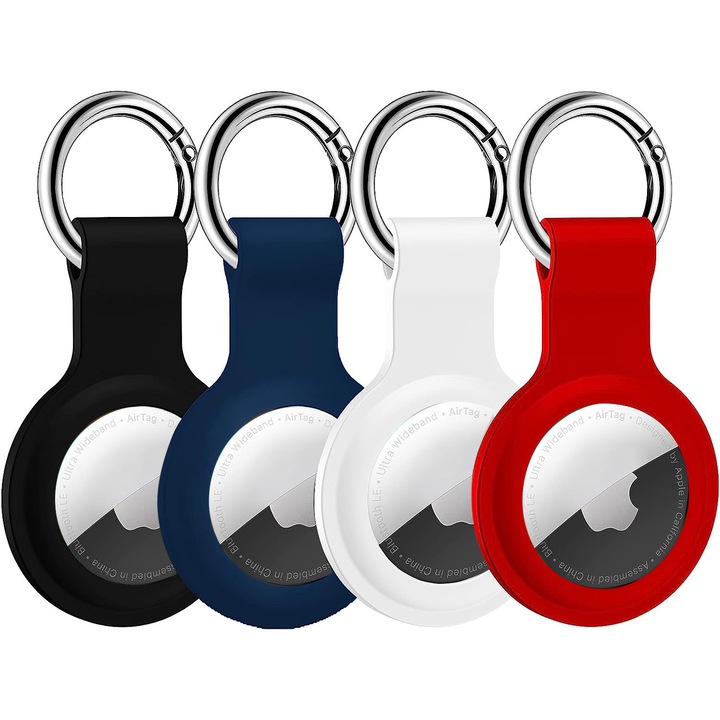 Set 4 huse pentru Apple AirTag, MATCHEASY, Silicon, Alb/Negru