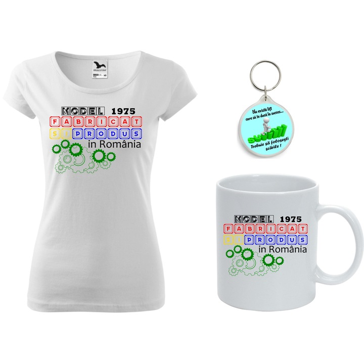 Set aniversar format din 3 piese: tricou dama marime 2XL, cana alba, Model 1975 fabricat si produs in Romania si breloc succes