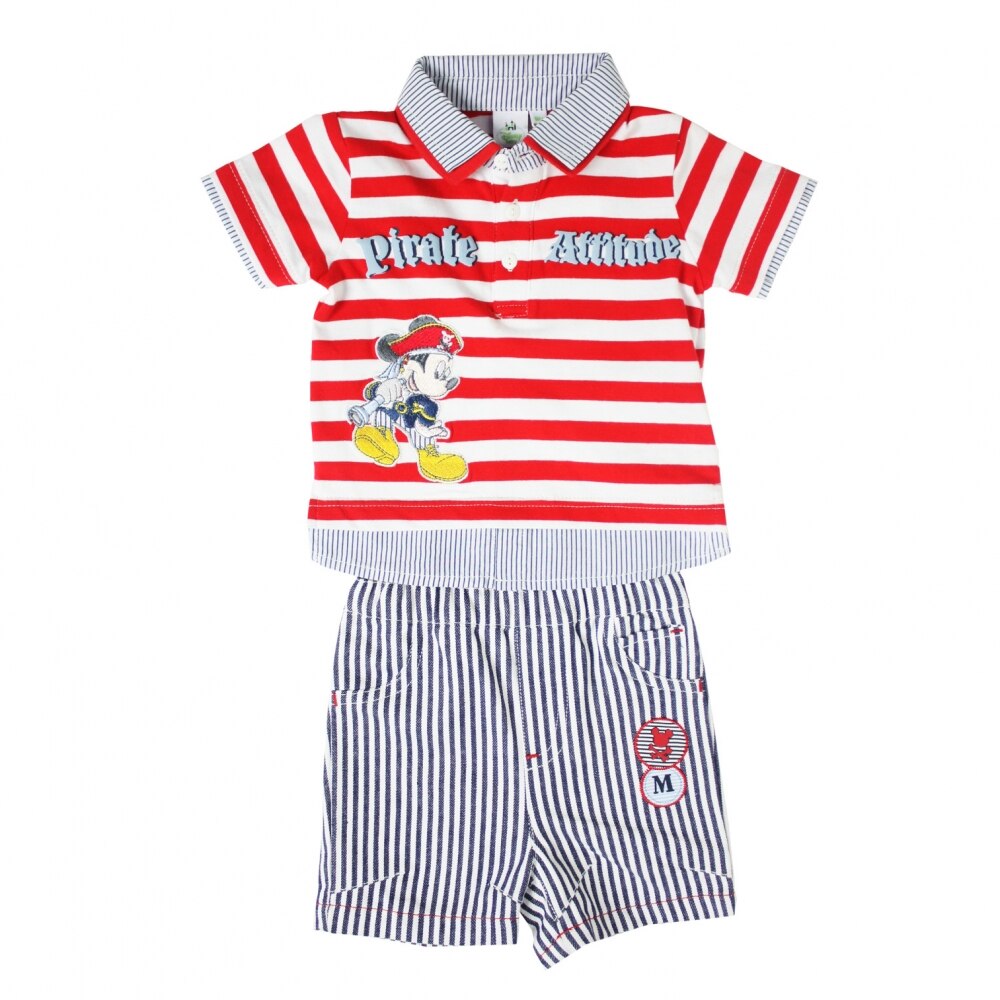 Set tricou polo cu maneci scurte si pantaloni scurti, Disney Mickey Mouse, Rosu, 6 luni