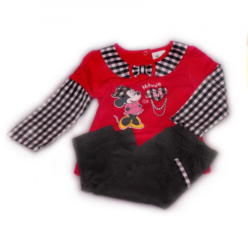 Set tricou cu maneci lungi si pantaloni lungi, Disney Minnie Mouse, Rosu/Gri, 80 CM