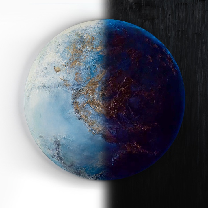 Tablou pictat manual pe panza rotunda, Neptun, abstracta, acrilic fluorescent auto-luminos 3D, arta adevarata, 80 cm