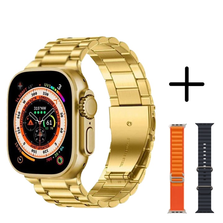 G9 Ultra Pro okosóra, beszélgetés, sport, értesítések, arany + 2 szíj