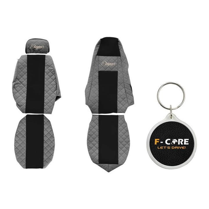 Set Huse pentru scaune Elegance, Velur/Piele Matlasata, Tetiera Reglabila pentru Pasageri, Tetiera Soferului Integrata, Scania P, G, R, T 03/2004-, Gri, 2 Bucati cu Breloc F-Core