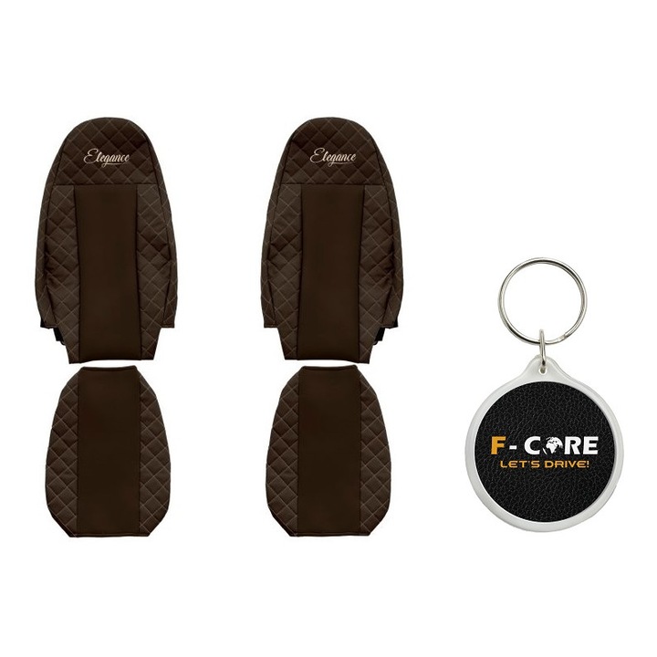 Set Huse pentru scaune Elegance, Velur, Scaune cu Tetiere Integrate, Volvo FH I, II, FH16 I, II, FM I II, Maro, 2 Bucati cu Breloc F-Core