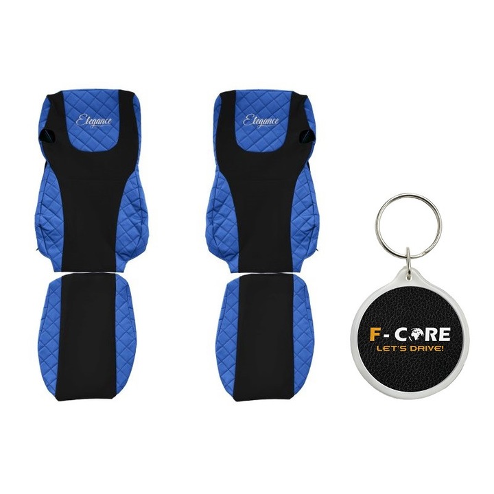 Set Huse pentru scaune Elegance, Velur/Piele Matlasata, EURO 6, DAF XF 105, XF 106, Albastru, 2 Bucati cu Breloc F-Core