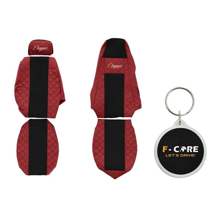 Set Huse pentru scaune Elegance, Velur/Piele Matlasata, Tetiera Reglabila pentru Pasageri, Tetiera Soferului Integrata, Scania P, G, R, T 03/2004-, Rosu, 2 Bucati cu Breloc F-Core