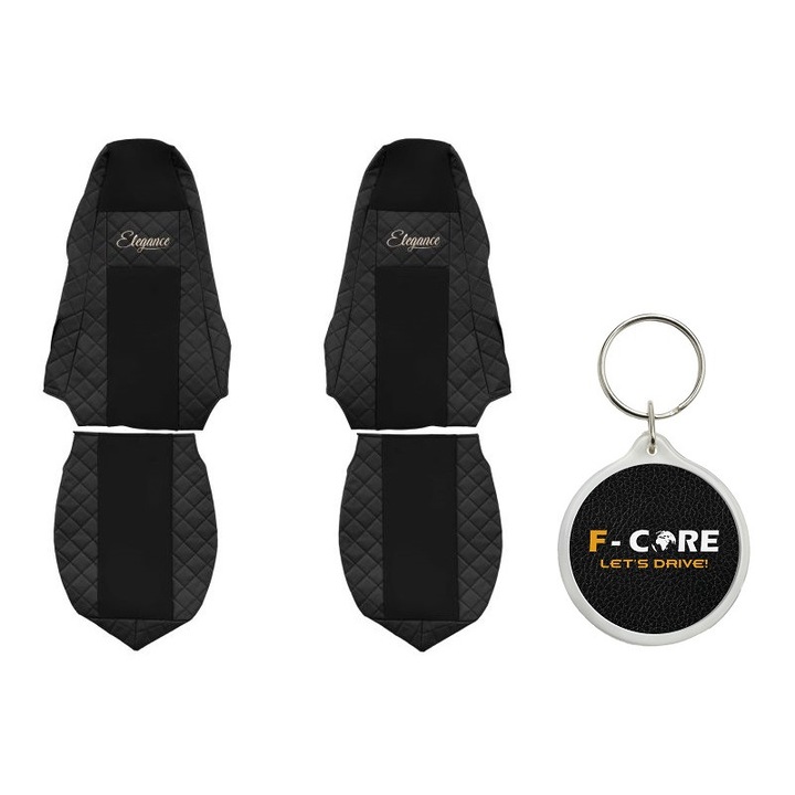 Set Huse pentru scaune Elegance, Velur/Piele Matlasata, Tetiera Integrata pentru Pasageri, Tetiera Soferului Integrata, Scania P, G, R, T 03/2004-, Negru, 2 Bucati cu Breloc F-Core