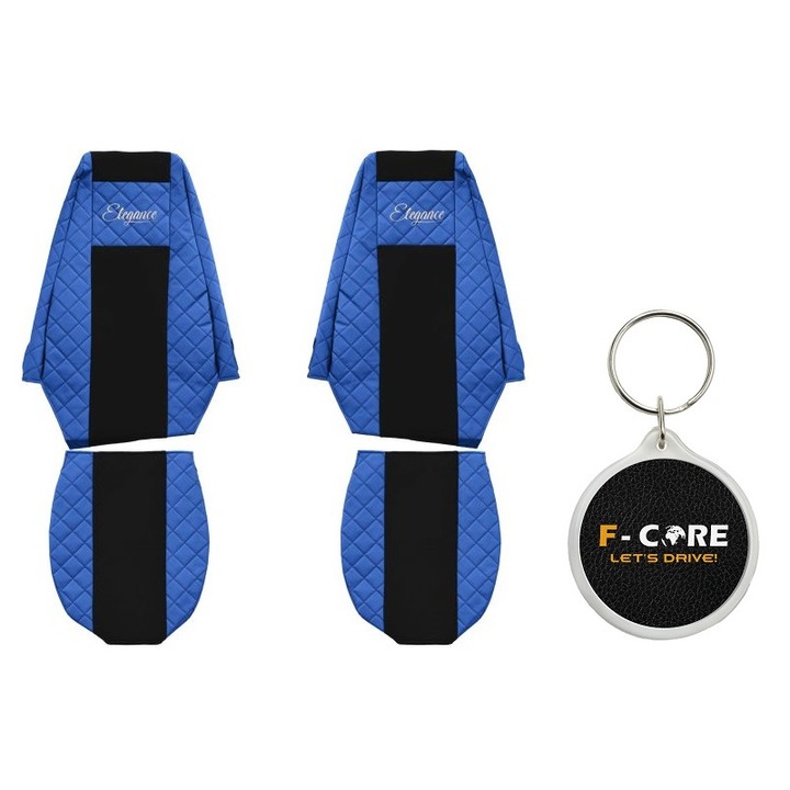 Set Huse pentru scaune Elegance, Velur/Piele Matlasata, Renault MAGNUM 10/2004-, Albastru, 2 Bucati cu Breloc F-Core