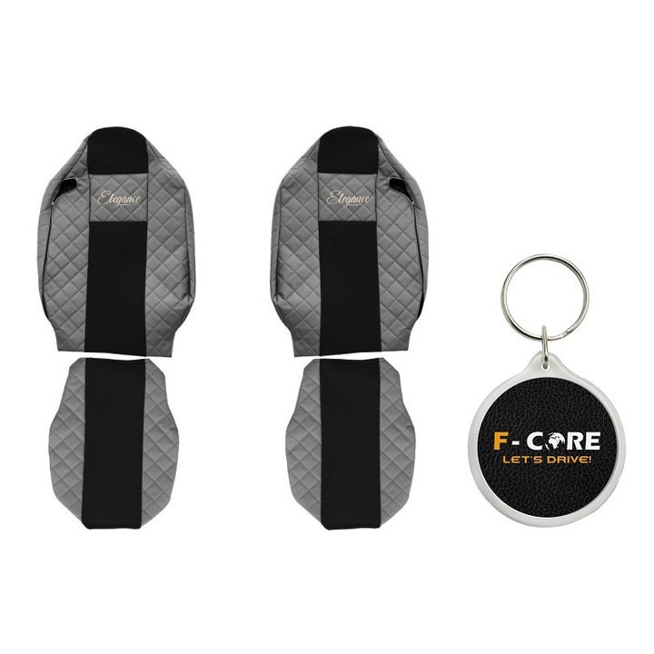 Set Huse pentru scaune Elegance, Velur/Piele Matlasata, Tetiera Integrata pentru Pasageri, Tetiera Soferului Integrata, RENAULT T 01/2013-, Gri, 2 Bucati cu Breloc F-Core