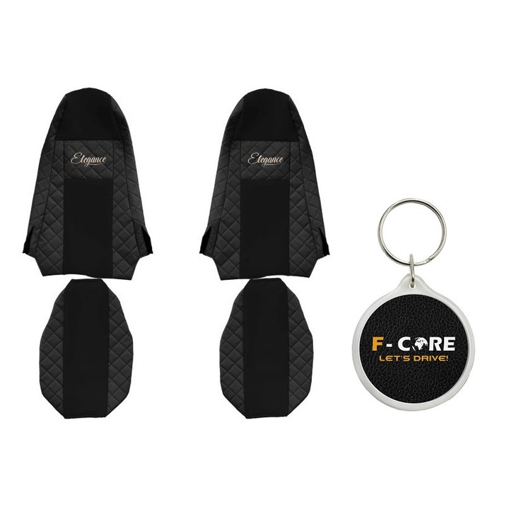 Set Huse pentru scaune Elegance, Velur/Piele Matlasata, Cabina STREAMLINE, fara Microfon, Tetiera Integrata pentru Pasageri, Tetiera Soferului Integrata, SCANIA L, P, G, R, S/P, G, R, T, Negru, 2 Bucati cu Breloc F-Core