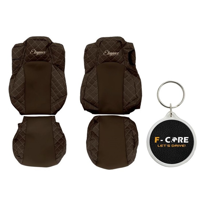 Set Huse pentru scaune Elegance, Velur/Piele Matlasata, Scaun Pliant al Pasagerului, Scaunul Soferului Confortabil, Ventilata, Mercedes Actros MP4/MP5 07/2011-, Maro, 2 Bucati cu Breloc F-Core