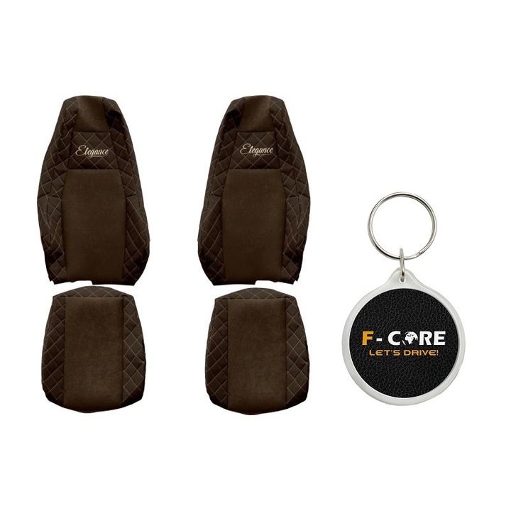 Set Huse pentru scaune Elegance, Velur/Piele Matlasata, Tetiera Integrata a Pasagerului, Tetiera Integrata a Soferului, SCANIA L, P, G, R, S 09/2016-, Maro, 2 Bucati cu Breloc F-Core