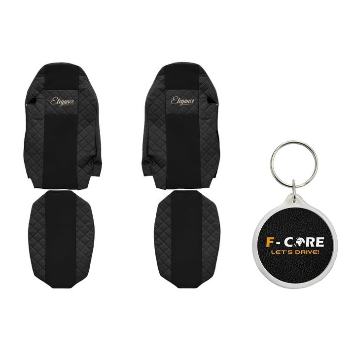 Set Huse pentru scaune Elegance, Velur/Piele Matlasata, Scaune Standard, Scaunul Soferului Standard - nu ISRI, MAN TGX I 2006/06-2021/09, Negru, 2 Bucati cu Breloc F-Core
