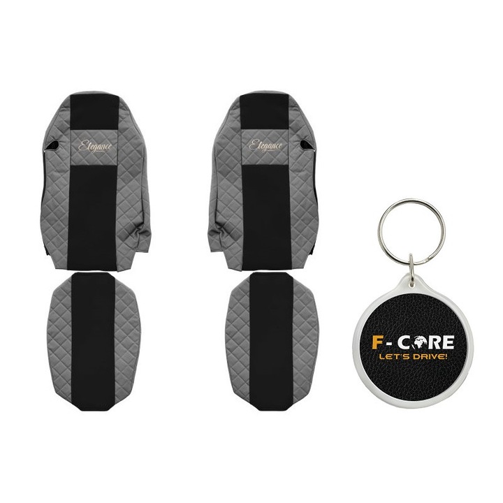 Set Huse pentru scaune Elegance, Velur/Piele Matlasata, Scaune Standard, Scaunul Soferului Standard - nu ISRI, MAN TGX I 2006/06-2021/09, Gri, 2 Bucati cu Breloc F-Core