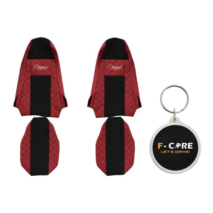 Set Huse pentru scaune Elegance, Velur/Piele Matlasata, Cabina STREAMLINE, fara Microfon, Tetiera Integrata pentru Pasageri, Tetiera Soferului Integrata, SCANIA L, P, G, R, S/P, G, R, T, Rosu, 2 Bucati cu Breloc F-Core