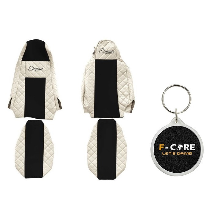 Set Huse pentru scaune Elegance, Velur/Piele Matlasata, Cabina STREAMLINE, cu Microfon, Tetiera Integrata pentru Pasageri, Tetiera Soferului Integrata, SCANIA L, P, G, R, S/P, G, R, T, Bej, 2 Bucati cu Breloc F-Core