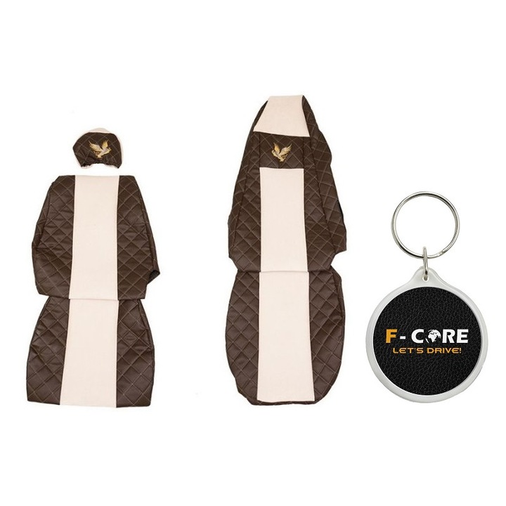 Set Huse pentru scaune Elegance, Velur/Piele Matlasata, Tetiera Reglabila pentru Pasageri, Tetiera Soferului Integrata, Scania P, G, R, T 03/2004-, Maro/Bej, 2 Bucati cu Breloc F-Core