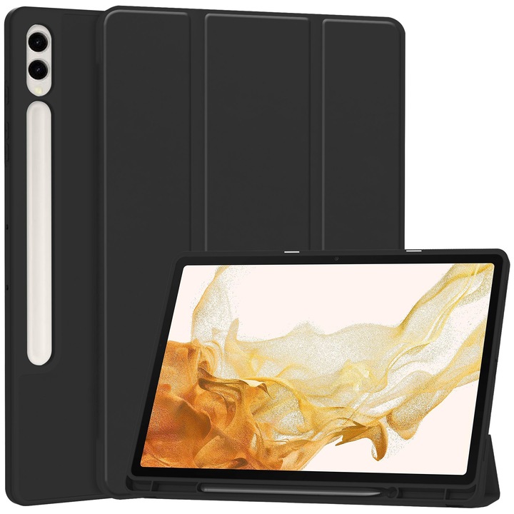 Etui Bizon Tab Lizard pentru Samsung Galaxy Tab S9 Plus, negru, cu suport, dimensiuni 28,24x18,28x33,53cm