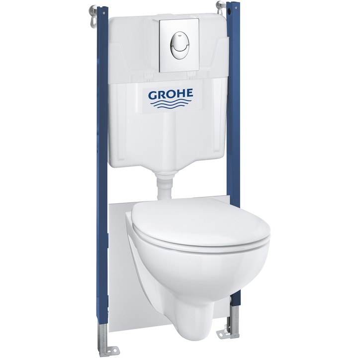 Тоалетна чиния Grohe Solido 39419000, Окачване, WC Grohe Bau, Хромирана клапа, SoftClose, Бял