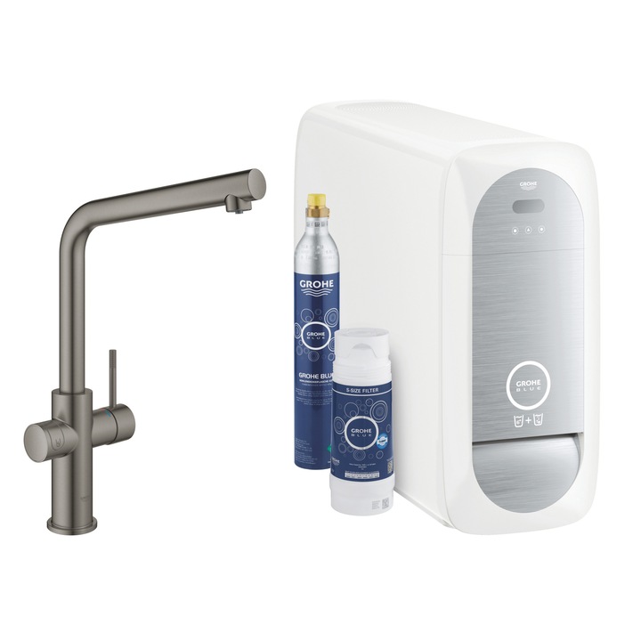 Кухненски смесител Grohe Blue Home 31454AL1, 3/8'', Със система за филтриране, охлаждане и подкиселяване, Висок чучур, Мат, Графит