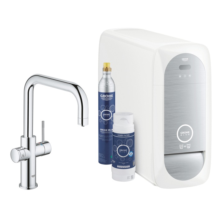 Смесител за кухня Grohe Blue Home 31456001, 3/8''. Висок, Тип U, Филтърна функция, Охлаждане, Газирана вода, Въртящ се, Хром