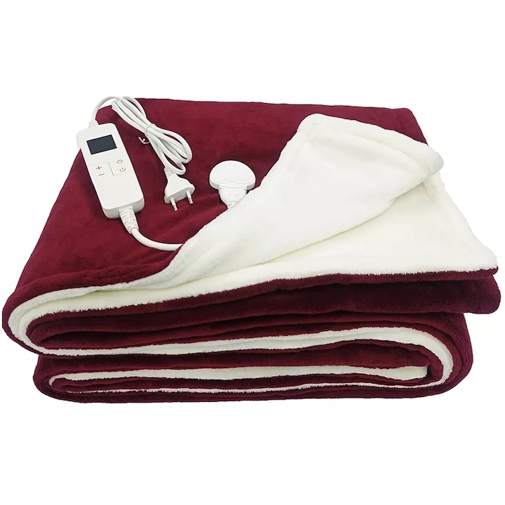 Patura cu incalzire electrica Regal Bliss ®, cu protectie impotriva supraincalzirii, extrem de moale si placuta la atingere, cu temporizator si 10 trepte de incalzire, 160W, telecomanda LCD, 180x200cm, Rosie