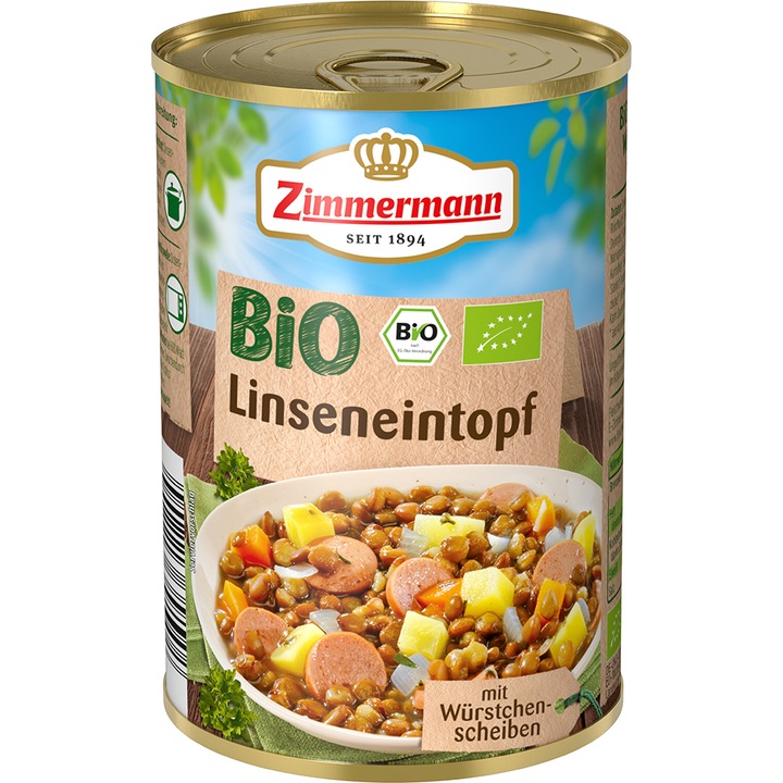 Mancare de linte cu bucati de carnati Zimmermann Bio, 400g