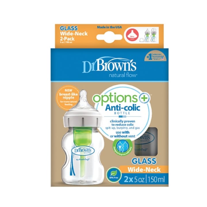 Set 2 biberoane Dr. Brown's Options+ cu gat larg anti-colici, Sticla, 2x150 ml