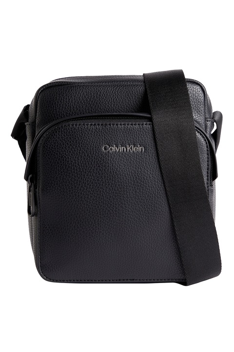 CALVIN KLEIN, Ökológiai bőr crossbody táska külső zsebbel, Fekete