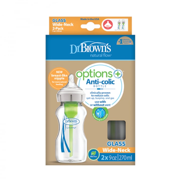 Set 2 biberoane Dr. Brown's Options+, anti-colici, gat larg, sticla, 0-3 luni, 2x270ml