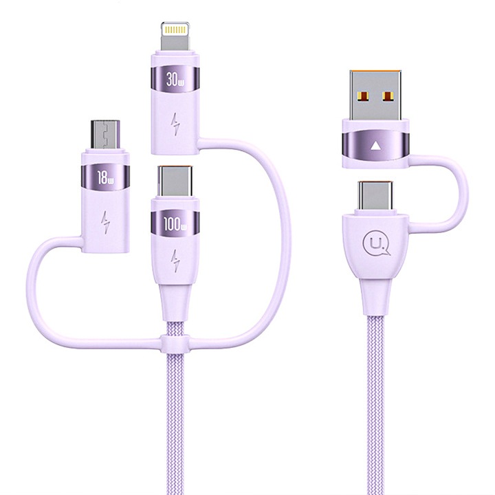 Töltőkábel 6 az 1-ben Usams, 100W, gyors töltés, 1.2m, USB, USB-C, Lighting, Nylon, kompatibilis iPhone, Samsung, Huawei, Rózsaszín