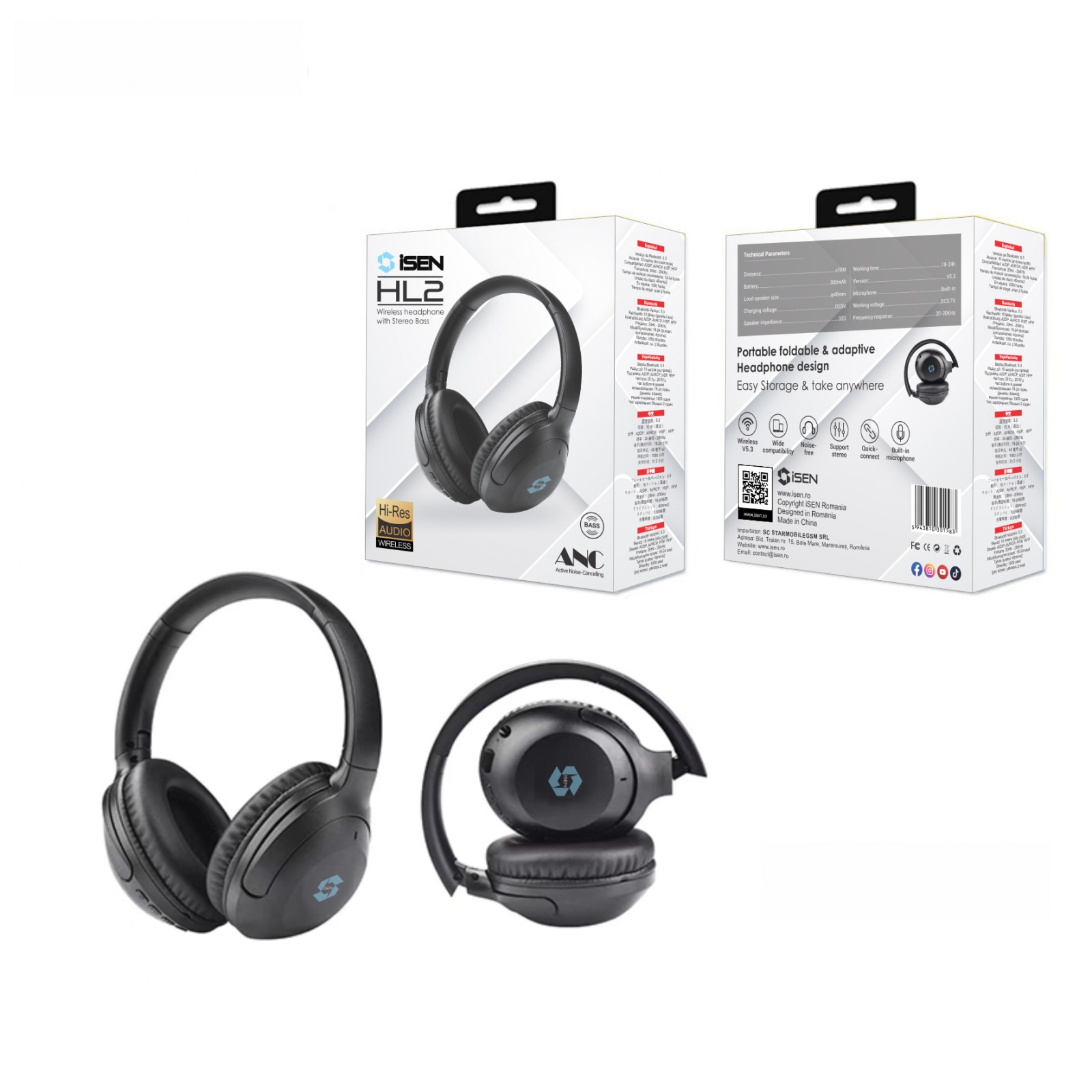 Casti wireless over-ear pliabile iSEN HL2, Negru, Bluetooth v5.3, Microfon incorporat, ANC (active noise cancelling), Bas stereo, 300mAh