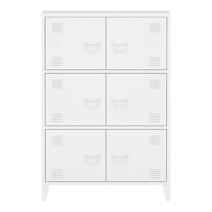 Dulap, en.casa, PXSL-01856 Hamina, 113 x 80 x 40 cm, otel, alb, cu 6 usi si 3 rafturi