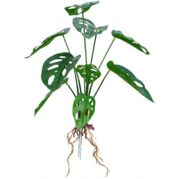 Buchet artificial, Monstera, Plastic, cu radacini, 43 cm, Verde