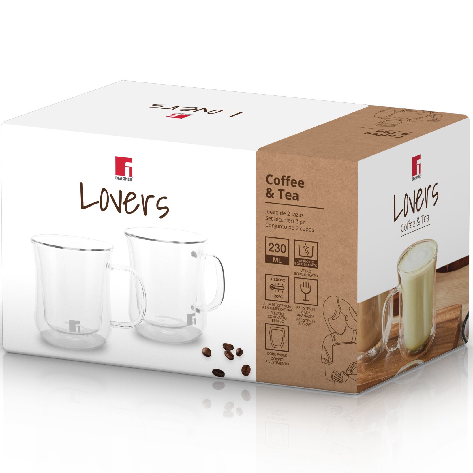 Set 2 cesti Bergner Coffe&Tea, sticla borosilicata, 230ml