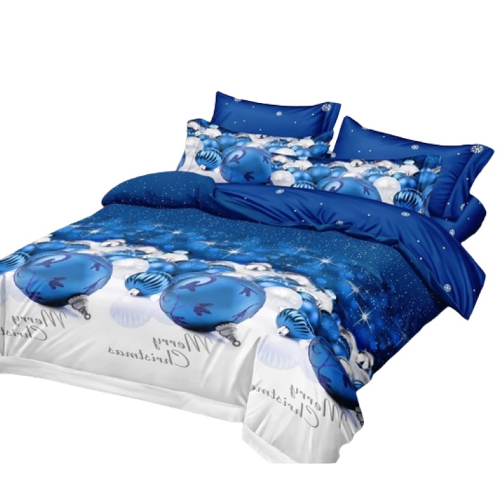 Коледно спално бельо, Finet, 6 части, 2 лица, 230x250см, Бяло-Синьо, Сини топки