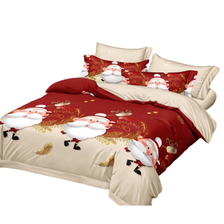 Lenjerie de pat Craciun, Finet, 6 piese, 2 persoane, 230x250cm, Multicolor, Mos Craciun