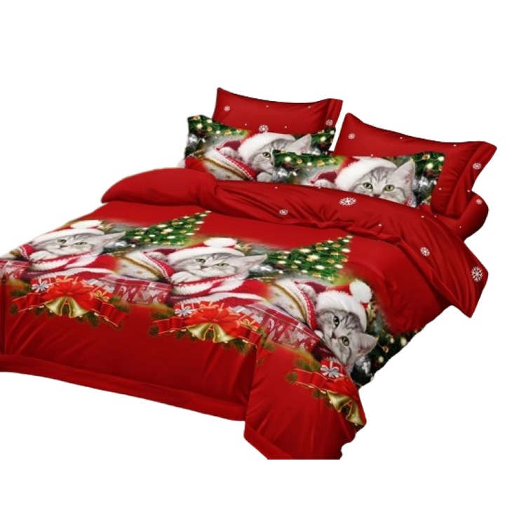 Lenjerie de pat Craciun, Finet, 6 piese, 2 persoane, 230x250cm, Multicolor, Pisicuta