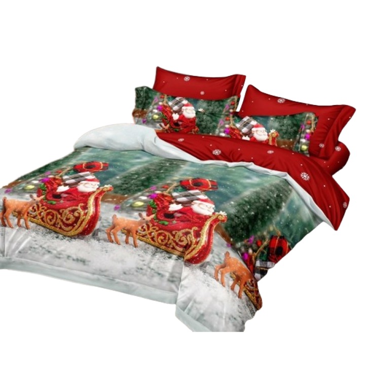 Lenjerie de pat Craciun, Finet, 6 piese, 2 persoane, 230x250cm, Multicolor, Mos Craciun si Sania